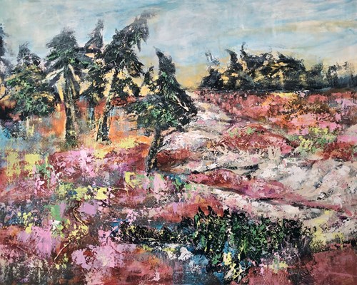 Maleri af træ og lyserød baggrund