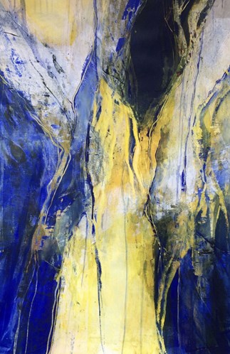Abstrakt maleri i blå og gule nuancer Foto: Else M. Bagger